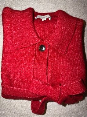 LOFT Red Knit Collared Cardigan with Waist Tie